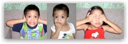 HEAR NOT SPEAK NOT SEE NOT  E.R. (4), Ethan (2) and Elaine (6) -- They are the children of Bro. Bong and Sis. Richel, gamely posing for this months issue.